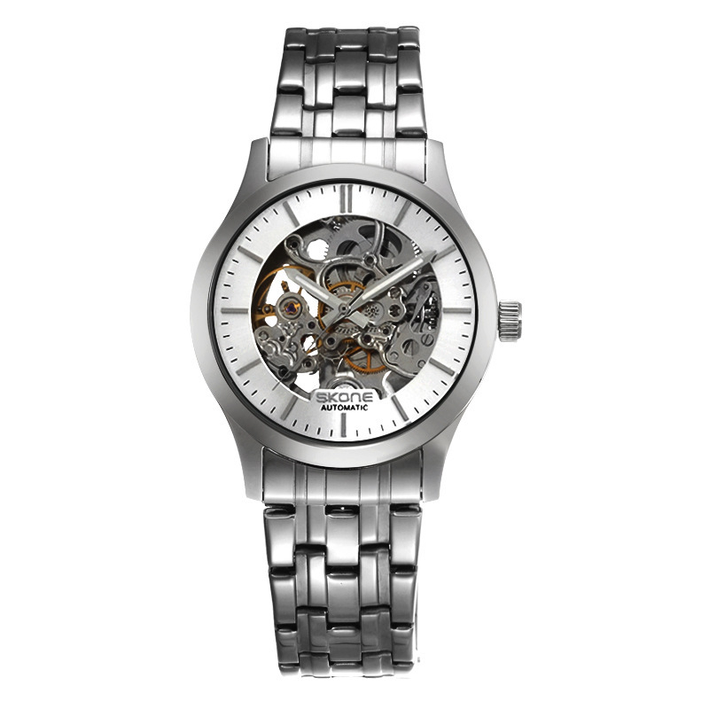 Skone ceas mecanic pentru bărbați, cadran skeleton, corp și brățară din oțel inoxidabil, Mișcare automată Seagull, 30 m rezistență la apă, luminescent