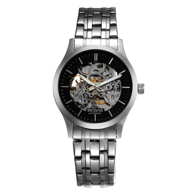 Skone ceas mecanic pentru bărbați, cadran skeleton, corp și brățară din oțel inoxidabil, Mișcare automată Seagull, 30 m rezistență la apă, luminescent