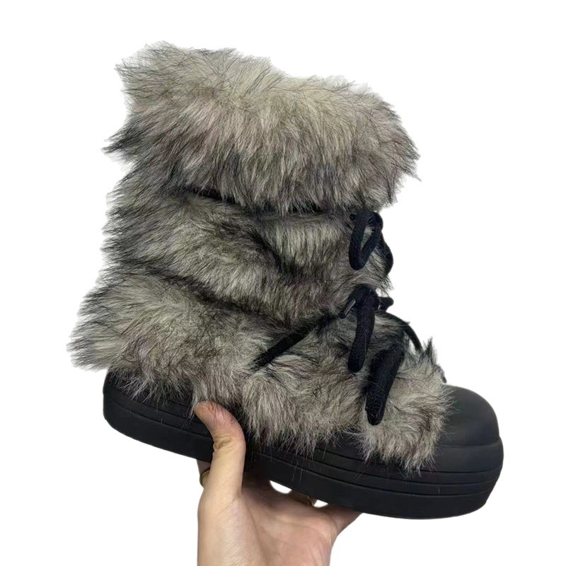 Женски зимни ботуши с френски стил и повдигаща височина, дебела платформа, набук горна част, гумирана подметка, висока горна част, кръгъл нос, мрежеста подплата, латексова стелка