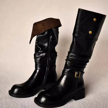 Viteške čizme od prave kože goveda, gumeni potplat, visok shaft, niski debeli pet 1–3 cm, podstava od svinjske kože, ulošak od prirodne kože