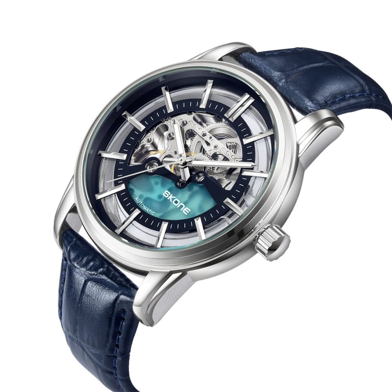 Ceas mecanic pentru bărbați, rezistență la apă 30 m, curea din piele naturală, carcasă din aliaj, cadran cu indicatoare, model 80093