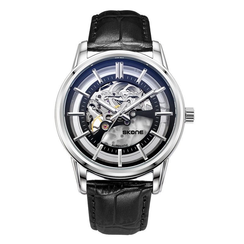 Ceas mecanic pentru bărbați, rezistență la apă 30 m, curea din piele naturală, carcasă din aliaj, cadran cu indicatoare, model 80093