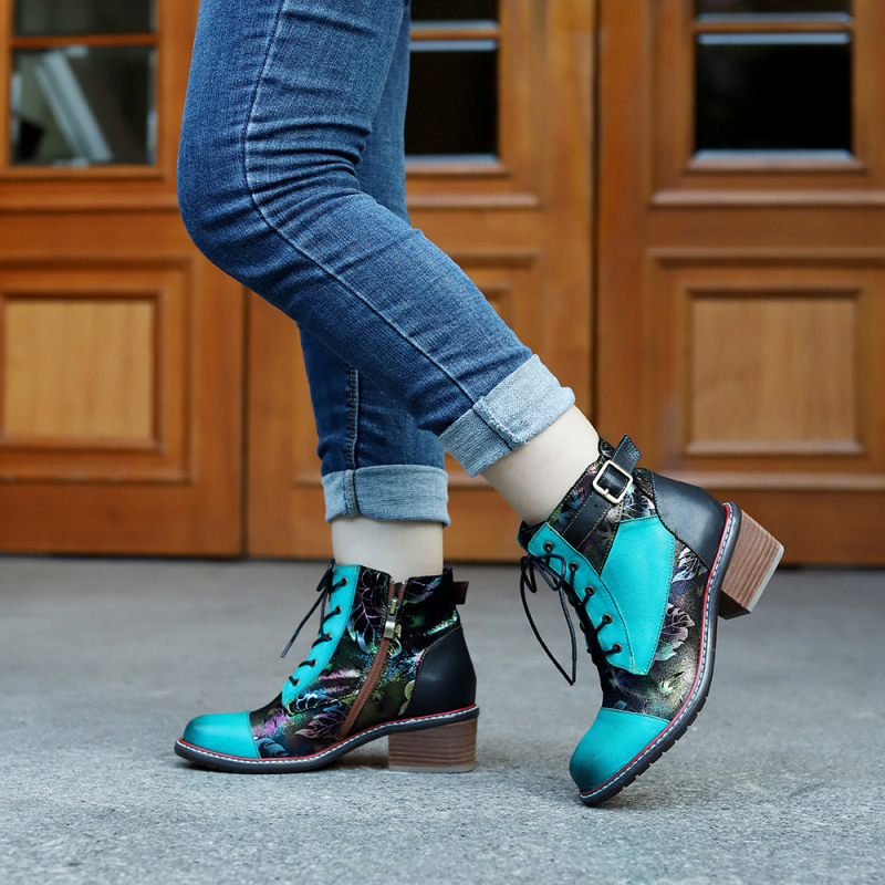 Ženske gležnjače od kozje kože, ručno obrađene, retro casual stil, bočni zatvarač, debeli srednji potpetic 3–5 cm, podstava od pamuka