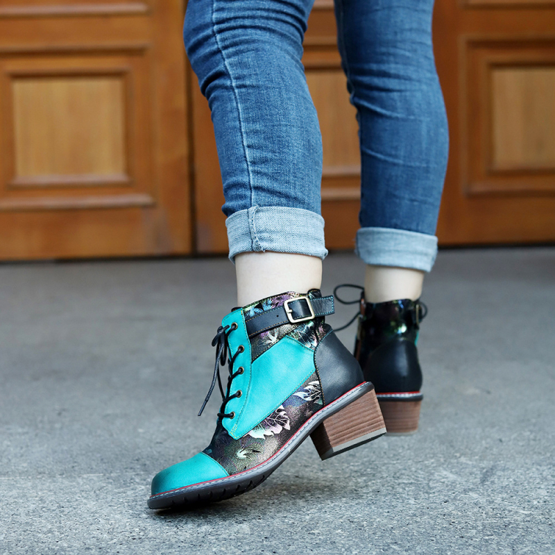Ženske gležnjače od kozje kože, ručno obrađene, retro casual stil, bočni zatvarač, debeli srednji potpetic 3–5 cm, podstava od pamuka