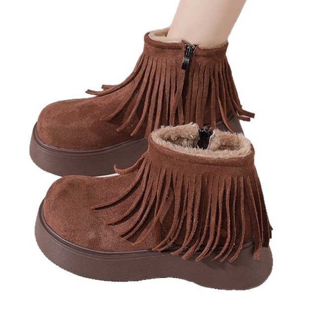 Ženske čizme s resicama, PU gornji dio, 3-5 cm visokim petama, kratka potkoljenica, bočni zatvarač