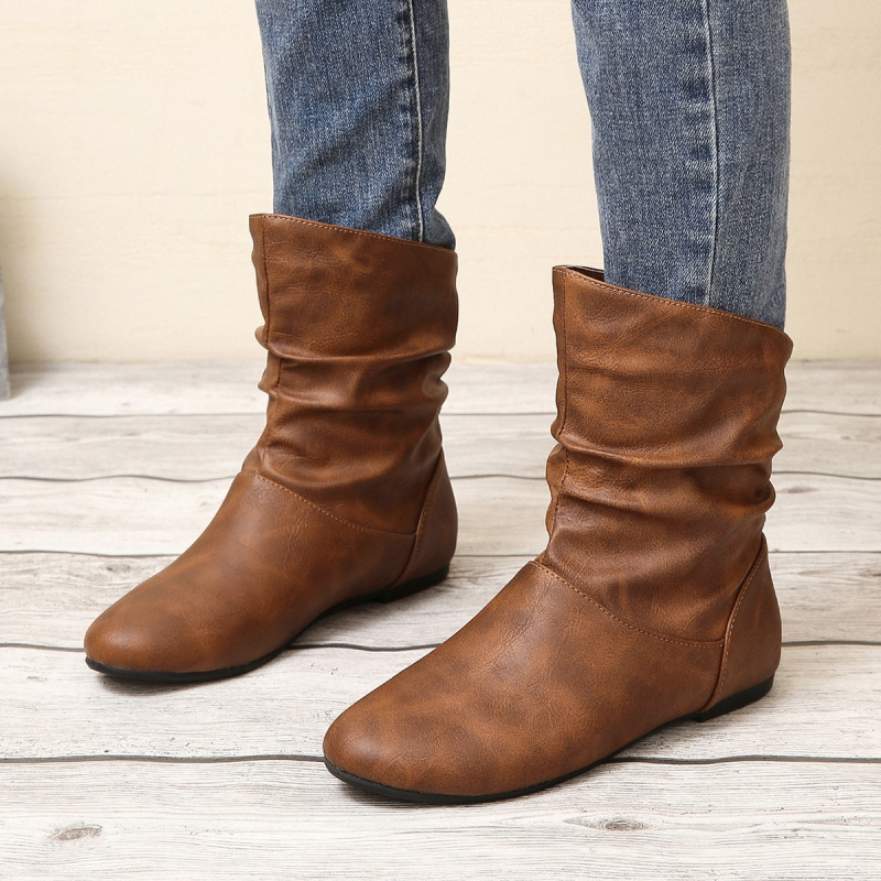 PU plisirane čizme, kratke gležnjače, okrugli vrh, slip-on, ravna široka peta