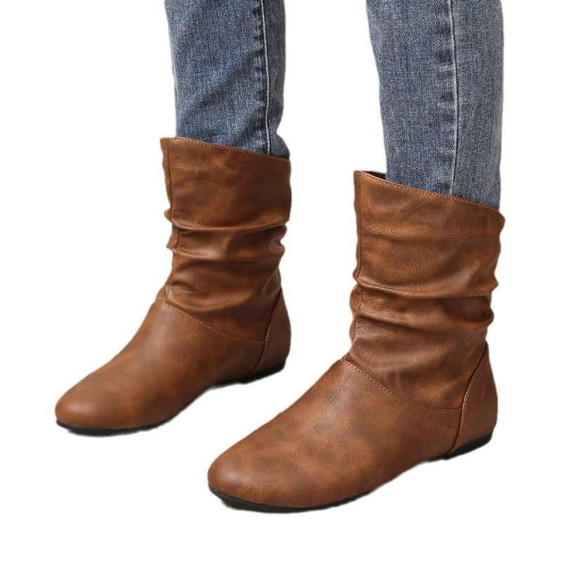 PU plisirane čizme, kratke gležnjače, okrugli vrh, slip-on, ravna široka peta
