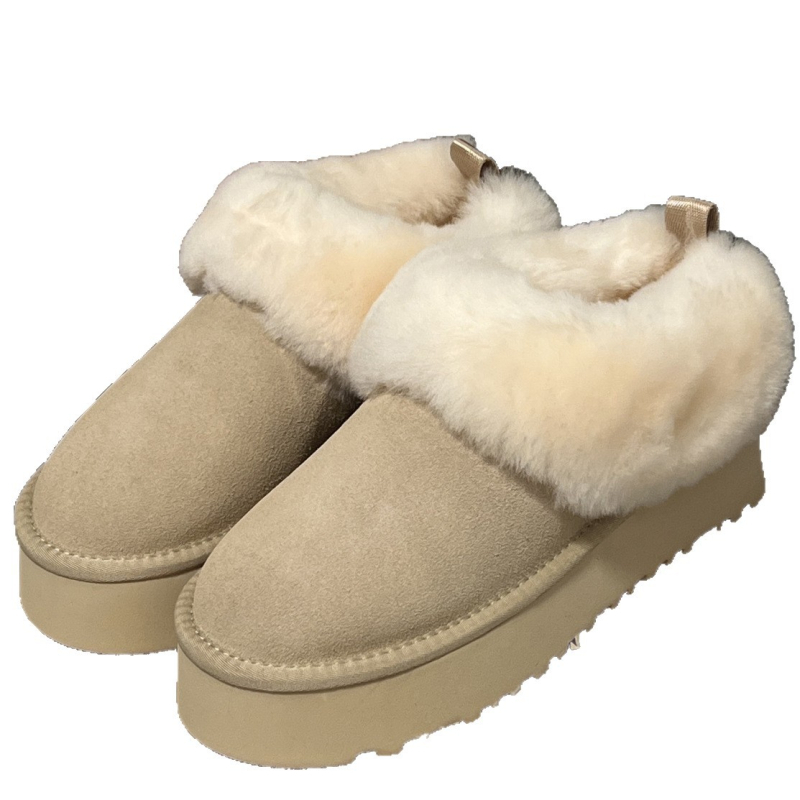 Дамски зимни обувки за сняг с горна част от пух и кожа, дебела подметка, слип-он дизайн, вътрешна стелка от овча кожа, къс глезен