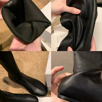 Γυναικείες στενές μπότες μέχρι το γόνατο | Άνω μέρος: split leather; Δάχτυλο: στρογγυλό; Τακούνι: χαμηλό (1–3 cm); Μήκος σωλήνα: υψηλός; Σόλα: καουτσούκ