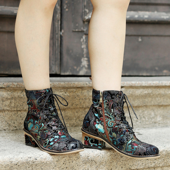 Ženske kratke čizme, etničkog stila s cvjetnom izvezenom, gornji dio od jacquard tkanine i kože, gumena podstava, 3-5 cm peta, bočni zatvarač