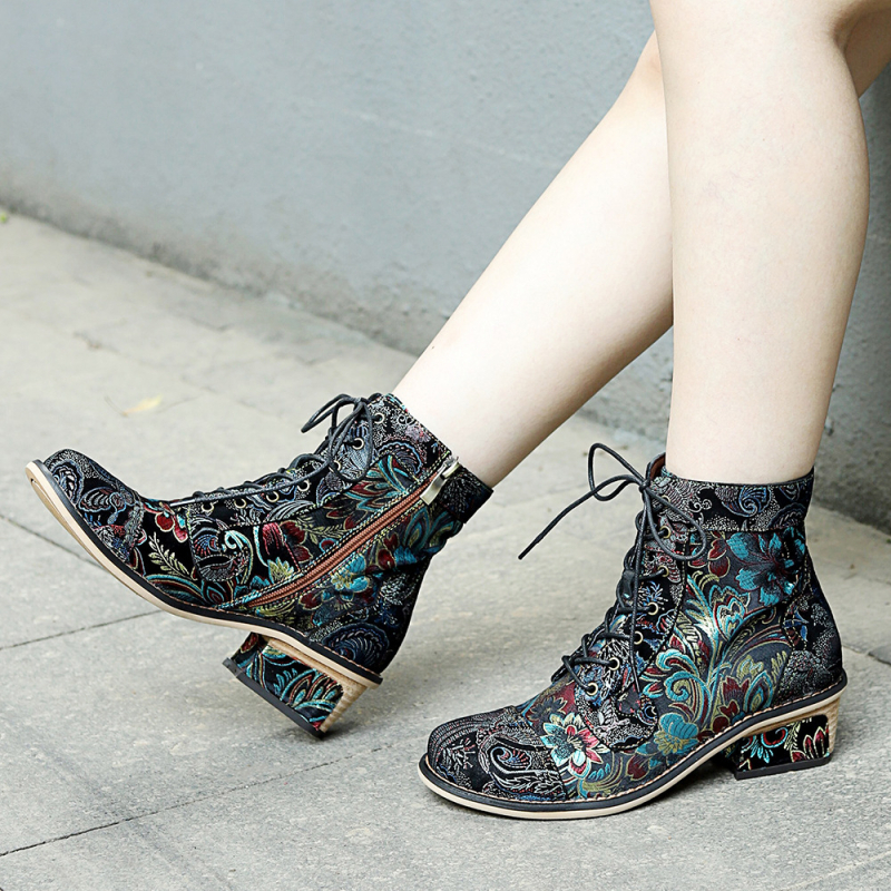 Ženske kratke čizme, etničkog stila s cvjetnom izvezenom, gornji dio od jacquard tkanine i kože, gumena podstava, 3-5 cm peta, bočni zatvarač