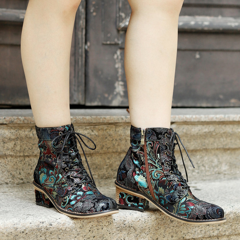 Ženske kratke čizme, etničkog stila s cvjetnom izvezenom, gornji dio od jacquard tkanine i kože, gumena podstava, 3-5 cm peta, bočni zatvarač
