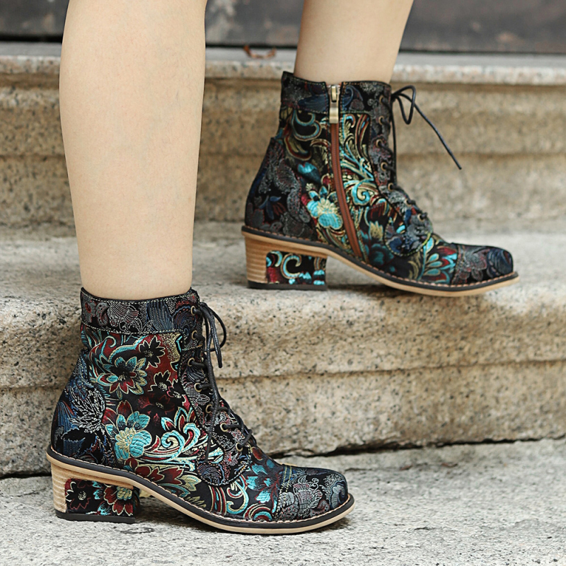 Ženske kratke čizme, etničkog stila s cvjetnom izvezenom, gornji dio od jacquard tkanine i kože, gumena podstava, 3-5 cm peta, bočni zatvarač