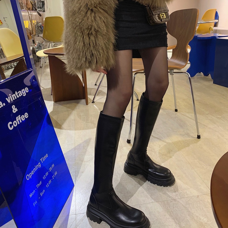 Ženske čizme viteškog stila, iznad koljena, koža, okrugli vrh, debeli potplat, zatvarač