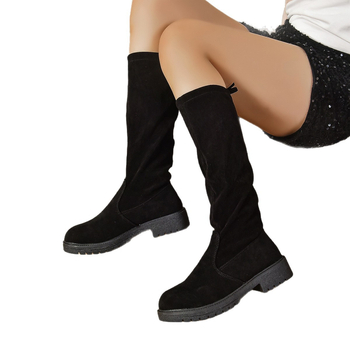 Térdig érő divatos csizmák vastag sarokkal, sarokmagasság 1-3 cm, PU felsőrész, gumi talp