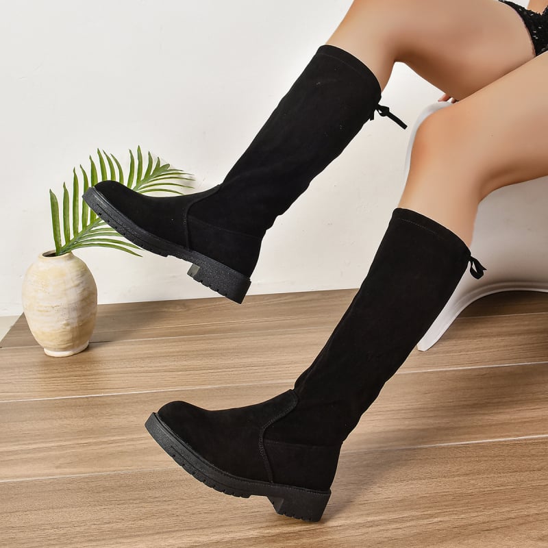 Térdig érő divatos csizmák vastag sarokkal, sarokmagasság 1-3 cm, PU felsőrész, gumi talp