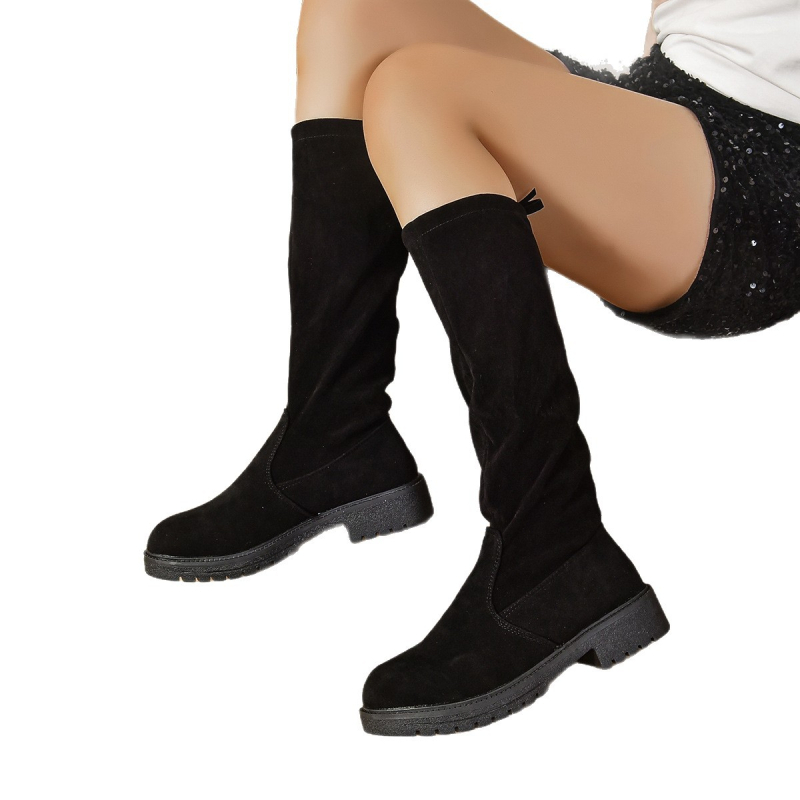 Térdig érő divatos csizmák vastag sarokkal, sarokmagasság 1-3 cm, PU felsőrész, gumi talp