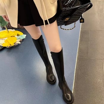 Cizme de cavaler pentru femei, piele de vițel, gambă înaltă, toc gros 3–5 cm