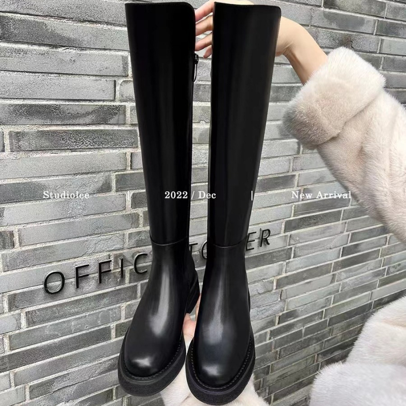 Cizme de cavaler pentru femei, piele de vițel, gambă înaltă, toc gros 3–5 cm