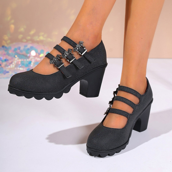 Női PU anyagú kerek orrú magas sarkú cipő, vastag sarokkal és csattal záródó, 6–8 cm, mindennapi viselet