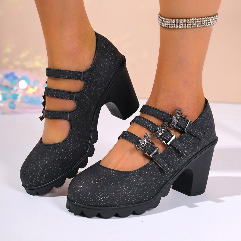 Női PU anyagú kerek orrú magas sarkú cipő, vastag sarokkal és csattal záródó, 6–8 cm, mindennapi viselet