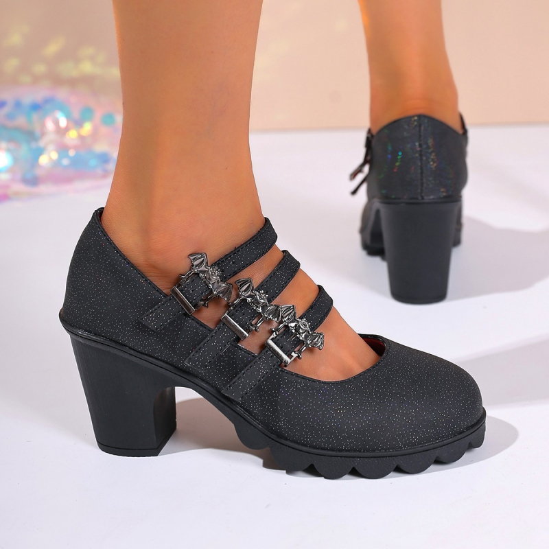 Női PU anyagú kerek orrú magas sarkú cipő, vastag sarokkal és csattal záródó, 6–8 cm, mindennapi viselet