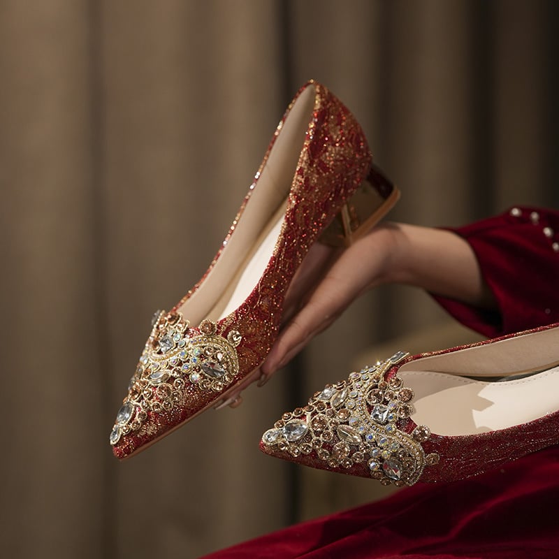 Ženske vjenčane cipele u kineskom stilu, slip-on, uski nos, gornji dio od mikrovlakna, kristalna kvadratna kopča, niski potpetica 1–3 cm