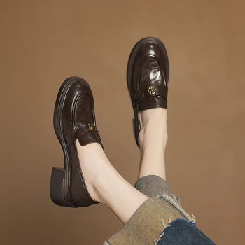 Mokasīni ar apaļu purnu, vintage stils, augšējais materiāls Super Fiber, biezs papēdis 3-5 cm