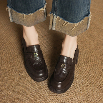 Mokasīni ar apaļu purnu, vintage stils, augšējais materiāls Super Fiber, biezs papēdis 3-5 cm