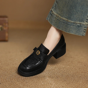 Mokasīni ar apaļu purnu, vintage stils, augšējais materiāls Super Fiber, biezs papēdis 3-5 cm