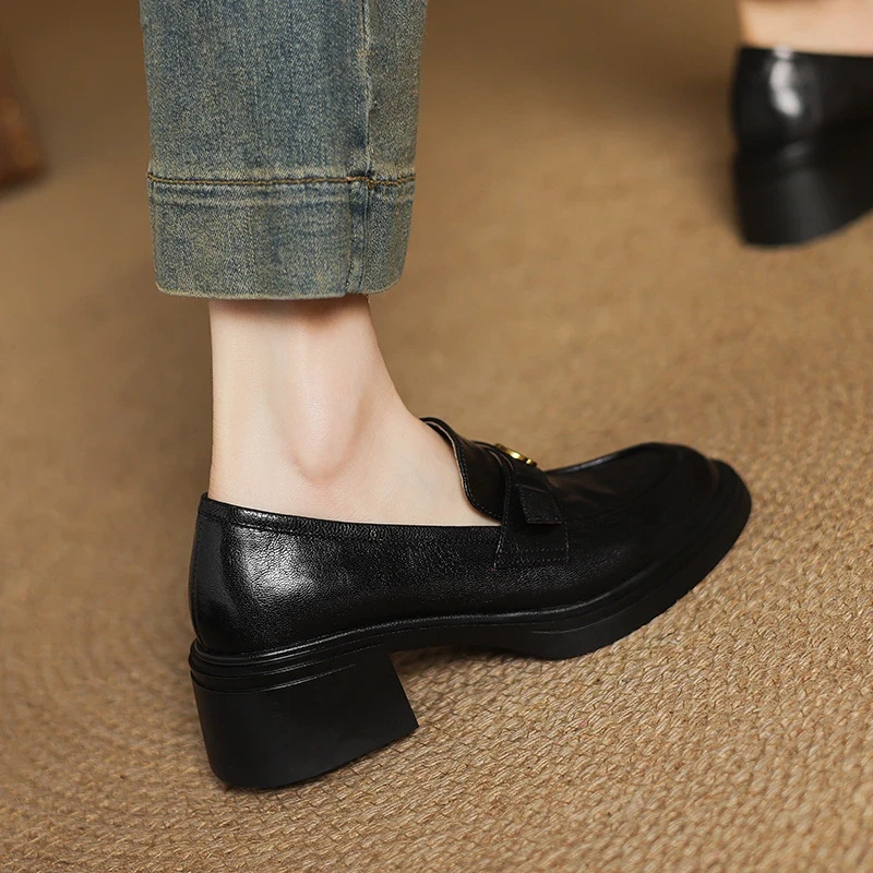 Mokasīni ar apaļu purnu, vintage stils, augšējais materiāls Super Fiber, biezs papēdis 3-5 cm