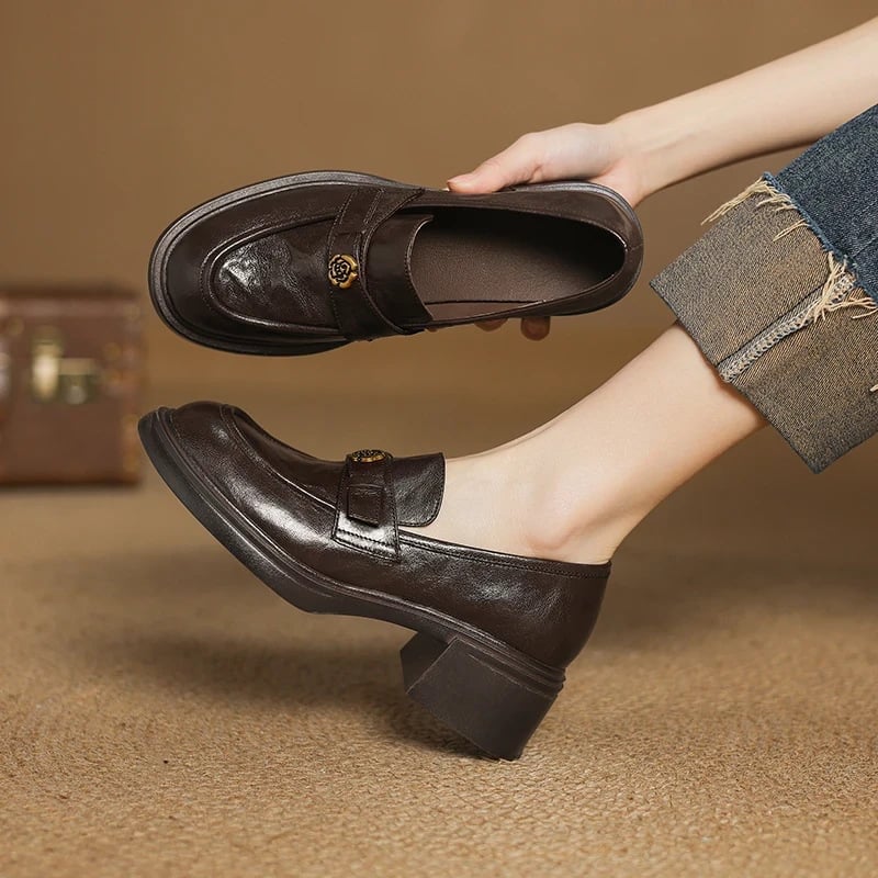 Mokasīni ar apaļu purnu, vintage stils, augšējais materiāls Super Fiber, biezs papēdis 3-5 cm