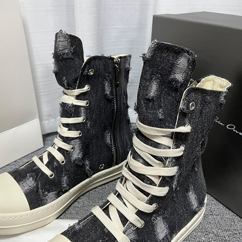 Novi proljetni model: poderane denim casual canvas visoke tenisice za muškarce i žene, unisex, crno-bijela mliječna nijansa, debeli đon, na skladištu, velike veličine