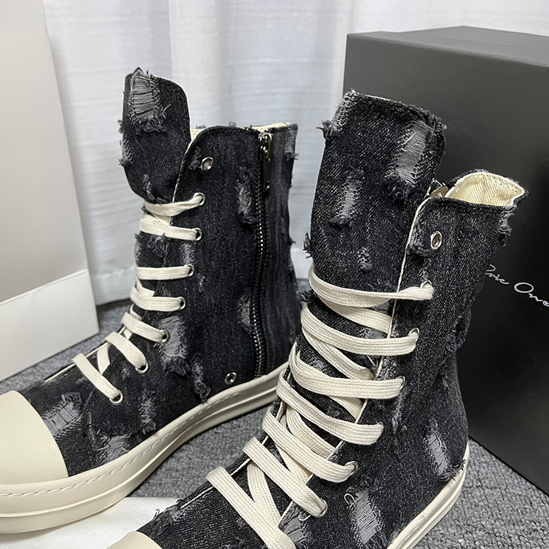 Novi proljetni model: poderane denim casual canvas visoke tenisice za muškarce i žene, unisex, crno-bijela mliječna nijansa, debeli đon, na skladištu, velike veličine