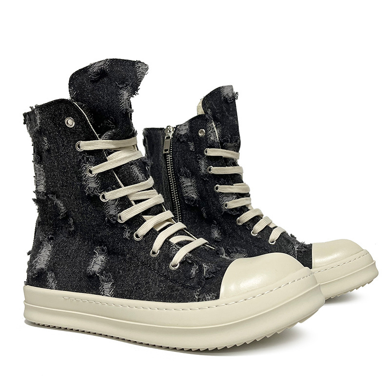 Novi proljetni model: poderane denim casual canvas visoke tenisice za muškarce i žene, unisex, crno-bijela mliječna nijansa, debeli đon, na skladištu, velike veličine