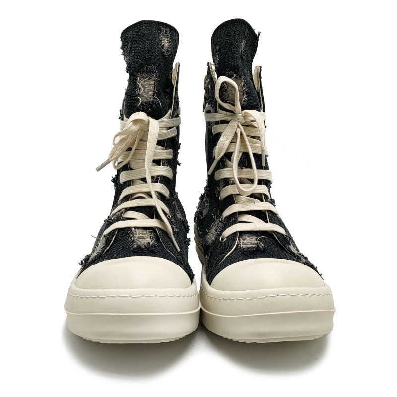 Novi proljetni model: poderane denim casual canvas visoke tenisice za muškarce i žene, unisex, crno-bijela mliječna nijansa, debeli đon, na skladištu, velike veličine