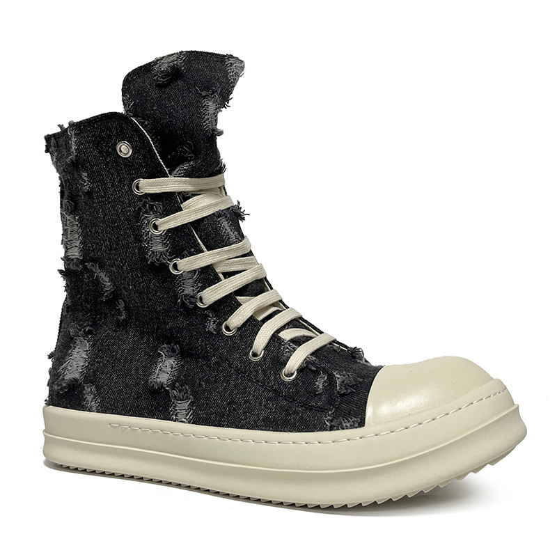 Novi proljetni model: poderane denim casual canvas visoke tenisice za muškarce i žene, unisex, crno-bijela mliječna nijansa, debeli đon, na skladištu, velike veličine