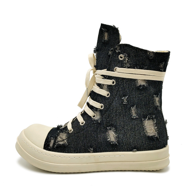 Novi proljetni model: poderane denim casual canvas visoke tenisice za muškarce i žene, unisex, crno-bijela mliječna nijansa, debeli đon, na skladištu, velike veličine
