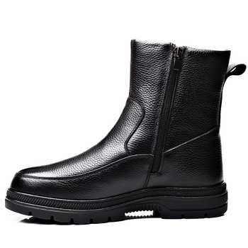 Ghete de iarnă din piele pentru bărbați, căptușite cu lână, înălțime înaltă, impermeabile, fermoar lateral, talpă din cauciuc antiderapant, toc mediu 3–5 cm