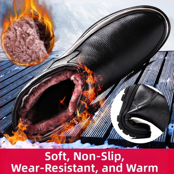 Ghete de iarnă din piele pentru bărbați, căptușite cu lână, înălțime înaltă, impermeabile, fermoar lateral, talpă din cauciuc antiderapant, toc mediu 3–5 cm