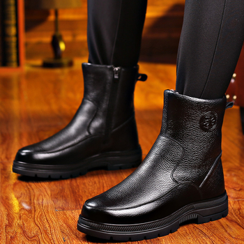 Ghete de iarnă din piele pentru bărbați, căptușite cu lână, înălțime înaltă, impermeabile, fermoar lateral, talpă din cauciuc antiderapant, toc mediu 3–5 cm