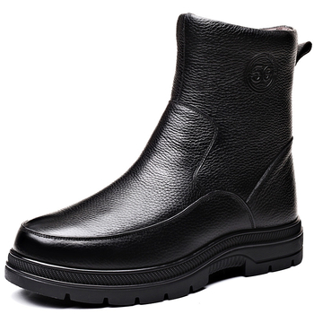 Ghete de iarnă din piele pentru bărbați, căptușite cu lână, înălțime înaltă, impermeabile, fermoar lateral, talpă din cauciuc antiderapant, toc mediu 3–5 cm