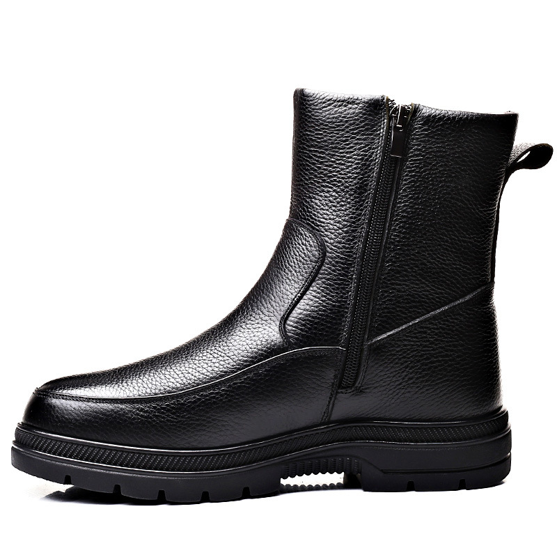Ghete de iarnă din piele pentru bărbați, căptușite cu lână, înălțime înaltă, impermeabile, fermoar lateral, talpă din cauciuc antiderapant, toc mediu 3–5 cm
