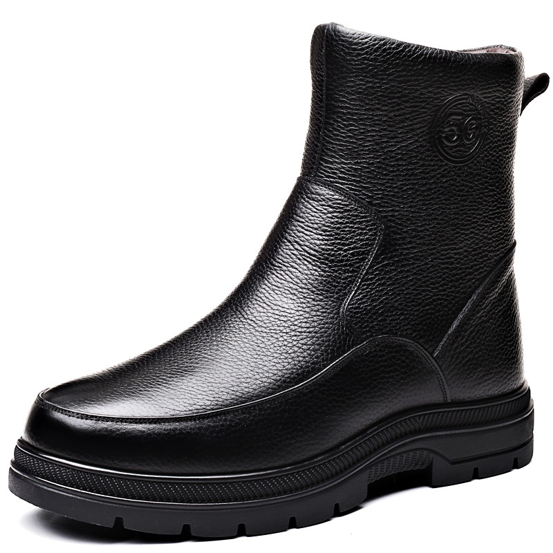 Ghete de iarnă din piele pentru bărbați, căptușite cu lână, înălțime înaltă, impermeabile, fermoar lateral, talpă din cauciuc antiderapant, toc mediu 3–5 cm