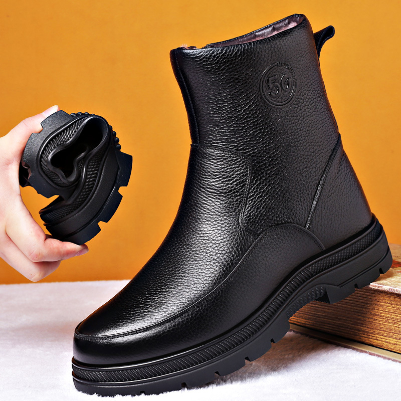 Ghete de iarnă din piele pentru bărbați, căptușite cu lână, înălțime înaltă, impermeabile, fermoar lateral, talpă din cauciuc antiderapant, toc mediu 3–5 cm