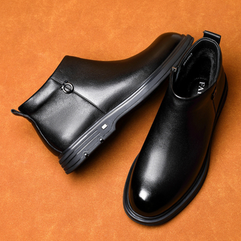 Ghete Chelsea și Martin pentru bărbați, căptușite cu fleece, din piele de vită de primă mână, fermoar lateral, talpă din cauciuc, vârf ascuțit