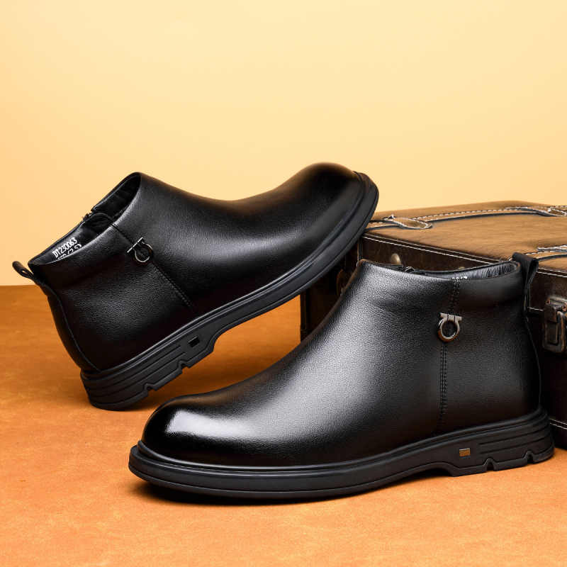 Ghete Chelsea și Martin pentru bărbați, căptușite cu fleece, din piele de vită de primă mână, fermoar lateral, talpă din cauciuc, vârf ascuțit