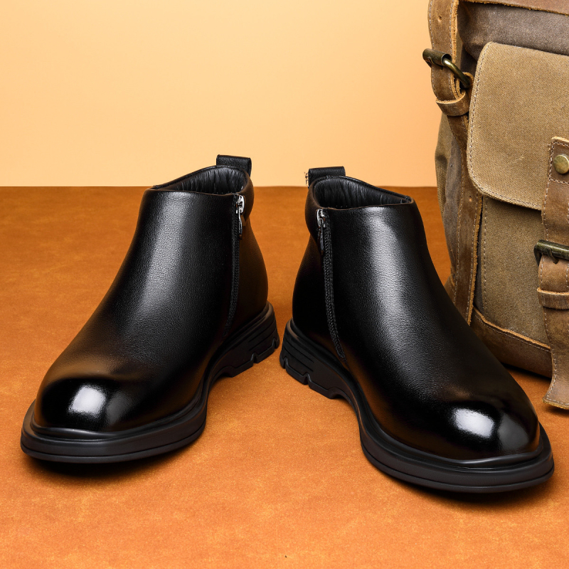 Ghete Chelsea și Martin pentru bărbați, căptușite cu fleece, din piele de vită de primă mână, fermoar lateral, talpă din cauciuc, vârf ascuțit