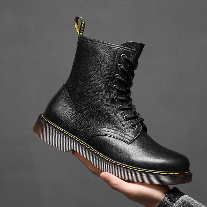 Μάρτιν μποτάκια από μαλακό δέρμα, 8 οπές για κορδόνια, Crinkle δέρμα επάνω, μπροστινό κλείσιμο με κορδόνι, σόλα από τένοντα βοδιού, χειμερινό μοντέλο, χαμηλό τακούνι