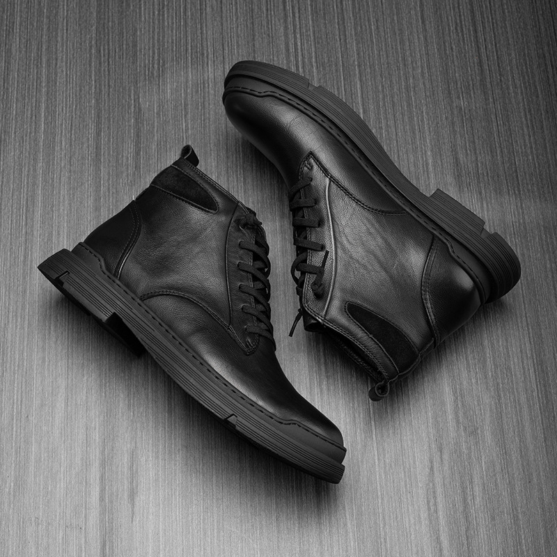 Ghete Martin pentru bărbați, piele de vițel de primă calitate, căptușite cu fleece, înălțime până la gambe, șiret frontal, talpă din cauciuc